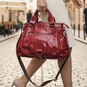 Bagtique Red Leather  Convertible Crossbody Satchel Shoulder Bag Purse